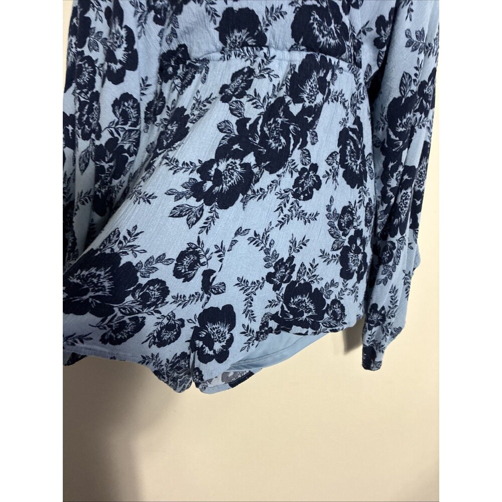 Womens Large Boho Romper Blue Floral Deep V-neck Dolman Sleeve Keyhole Button - Picture 12 of 16